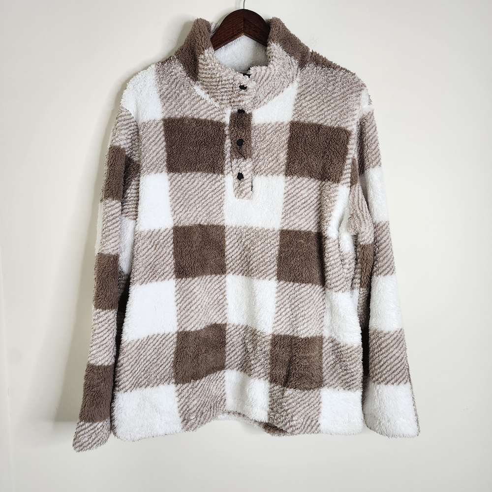 Akewei Women's Tan & White Plaid Pullover Teddy Sweater Large Cozycore Cottage